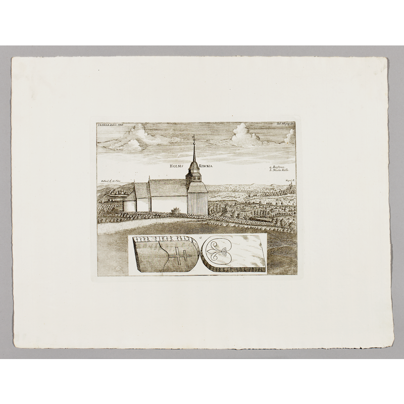 Source caption: "Kopparstick med Holms kyrka i Halland, 1752-1753. [...] Sign. "I.R.A.R.A.A. Delin 1735".I bakgrunden t.v. Hallandsåsen och t.h. Vapnö kyrka. Nedtill på bilden fram-och baksidan av runsten. Upptill t.h. "Tab. XIX. Pag. 123." Troligen graverad av Georg Biurman,1752-53, (Hallandia antiqua et hodierna)."