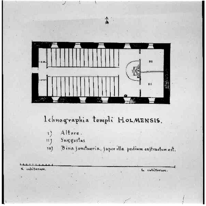 Source caption: "Holms kyrka [...] Planritning av kyrkan ur E. Ihrfors: Uplandia Sacra. ATA. Avfotograferad."