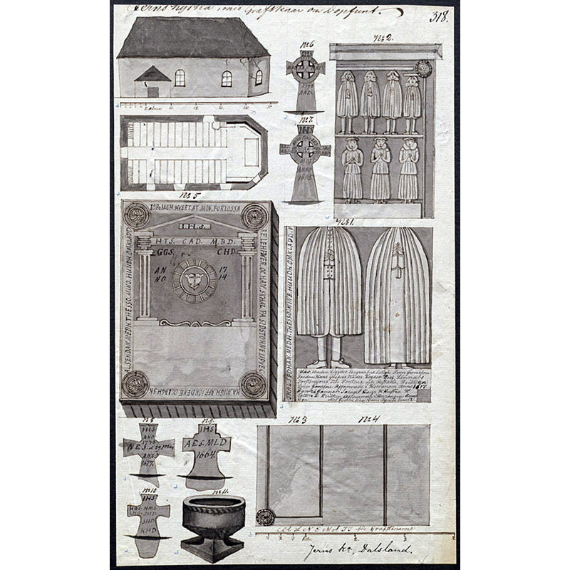 Source caption; "Järns kyrka [...] Kyrkans exteriör, grundplan, gravstenar, dopfunt, avbildade i kyrkoinventeringen, från ca 1830. Tuschteckning." [source: 2013 photograph by Lars Kennerstedt]