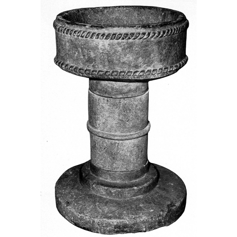 Source caption: "Töftedals kyrka. Dopfunt. [...] 1959 [...] Photo by Claes Claesson" -- the font shown after its 1950 restoration which added the new middle section of the pedestal base