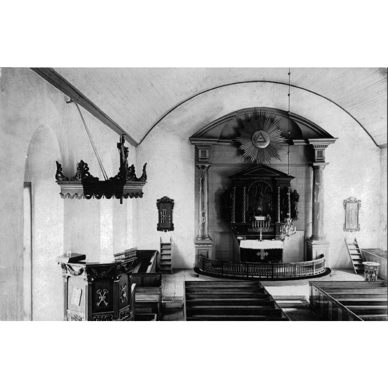Source caption; "Gammalstorps kyrka [...] Interiör mot öster." -- showing the 17thC font in the bottom-right corner