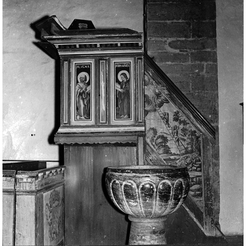 the medieval font by the 16thC pulpit, north side of the nave, in 1960