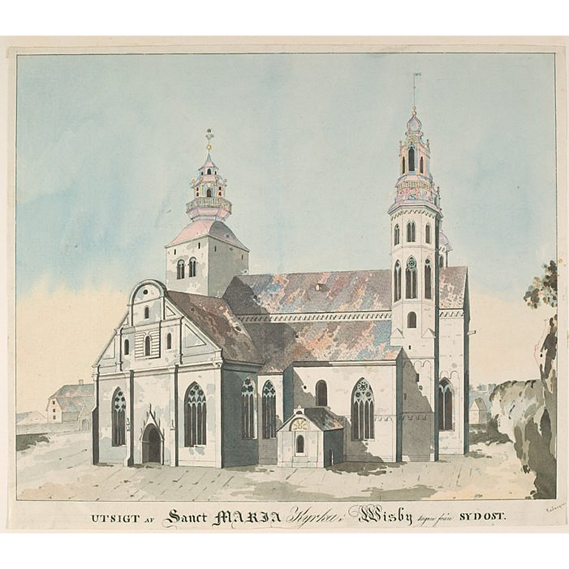 Source caption: "Visby domkyrka (Sankta Maria kyrka) [...] Kyrkan från sydost. Akvarellerad teckning från 1816-1830 av Lars Cedergren."