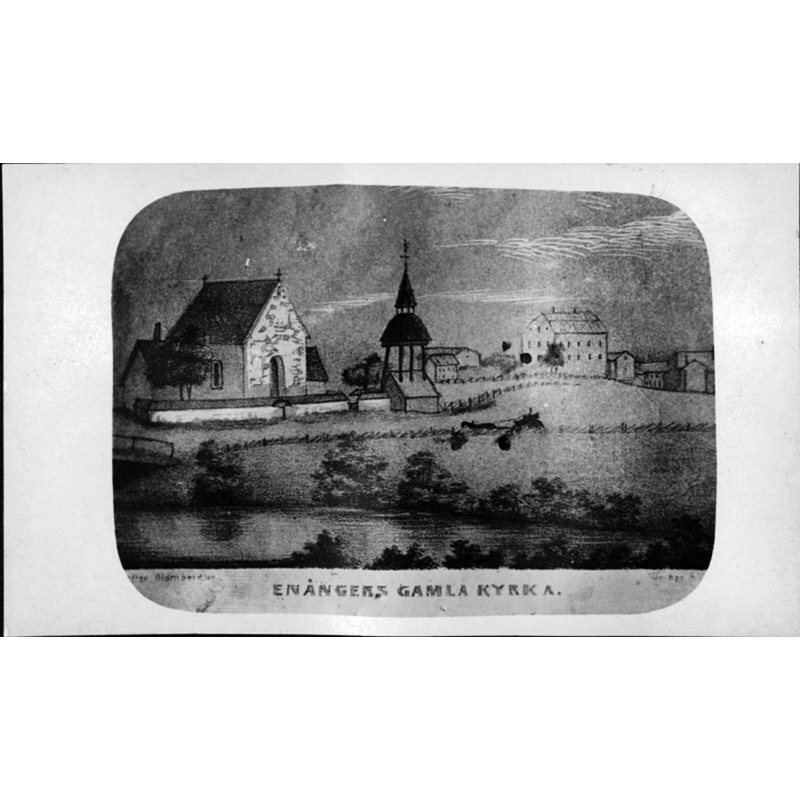 Source caption: "Enånger, gamla kyrkan [...] Foto av teckning av kyrkan och klockstapeln."