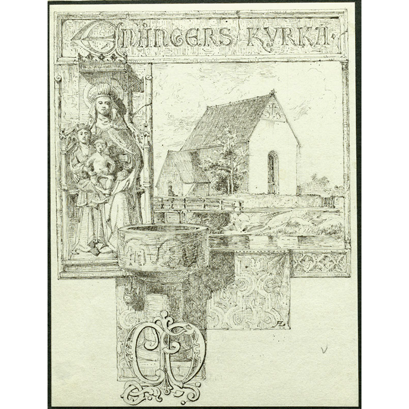  Source caption: "Enångers gamla kyrka [...] Exteriör, Anna själv tredje, träskulptur av Haaken Gulleson från 1520, samt dopfunten. Tuschsteckning av Agi Lindegren troligen från 1880-talet."