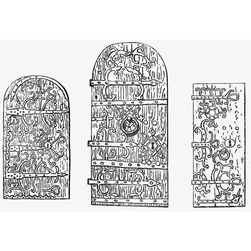 In Herman Hofberg's Nerikes gamla minnen; ett bidrag till fäderneslandets fornkännedom, konst-och odlings-historia (Örebro: A. Bohlin, 1868): "De här afbildade dörrarna, som återfinnas N:o 1: i Edsberg, 2: i Mosås, 3: i Hidinge gamla kyrka, 4: i Almby och 5: i Knista, på alla ställen för södra ingången, förete, i afseende på siraterna, egentligen inga andra skiljaktigheter, än den större eller mindre mängden af beslag. Från trenne starka gångjern, som sträcka sig öfver dörrens hela bredd, och vanligen afsmalna till en spjutlik spets, utgå uppåt och nedåt en mängd kors och liljelika ornamenter, fastsatta med starka nitnaglar. Nyckelhålet, liksom grepet till dörringen, omgifves af en rutformig plåt med eller utan ornamenter."