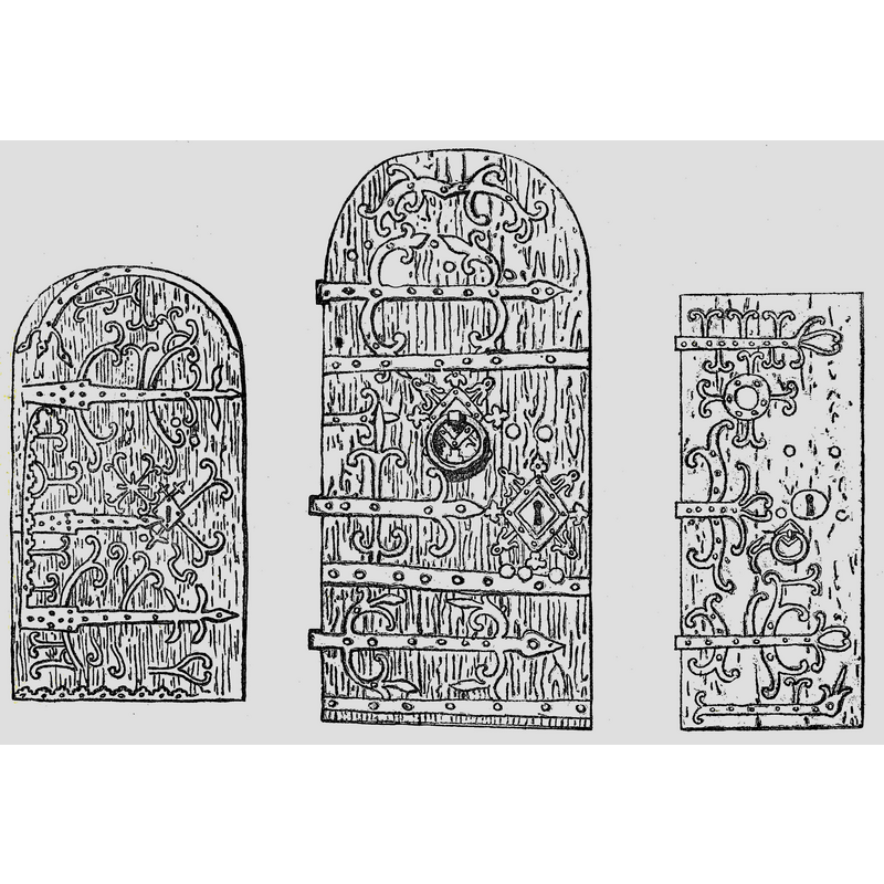 Source caption: "De här afbildade dörrarna, som återfinnas N:o 1: i Edsberg, 2: i Mosås, 3: i Hidinge gamla kyrka, 4: i Almby och 5: i Knista, på alla ställen för södra ingången, förete, i afseende på siraterna, egentligen inga andra skiljaktigheter, än den större eller mindre mängden af beslag. Från trenne starka gångjern, som sträcka sig öfver dörrens hela bredd, och vanligen afsmalna till en spjutlik spets, utgå uppåt och nedåt en mängd kors och liljelika ornamenter, fastsatta med starka nitnaglar. Nyckelhålet, liksom grepet till dörringen, omgifves af en rutformig plåt med eller utan ornamenter."