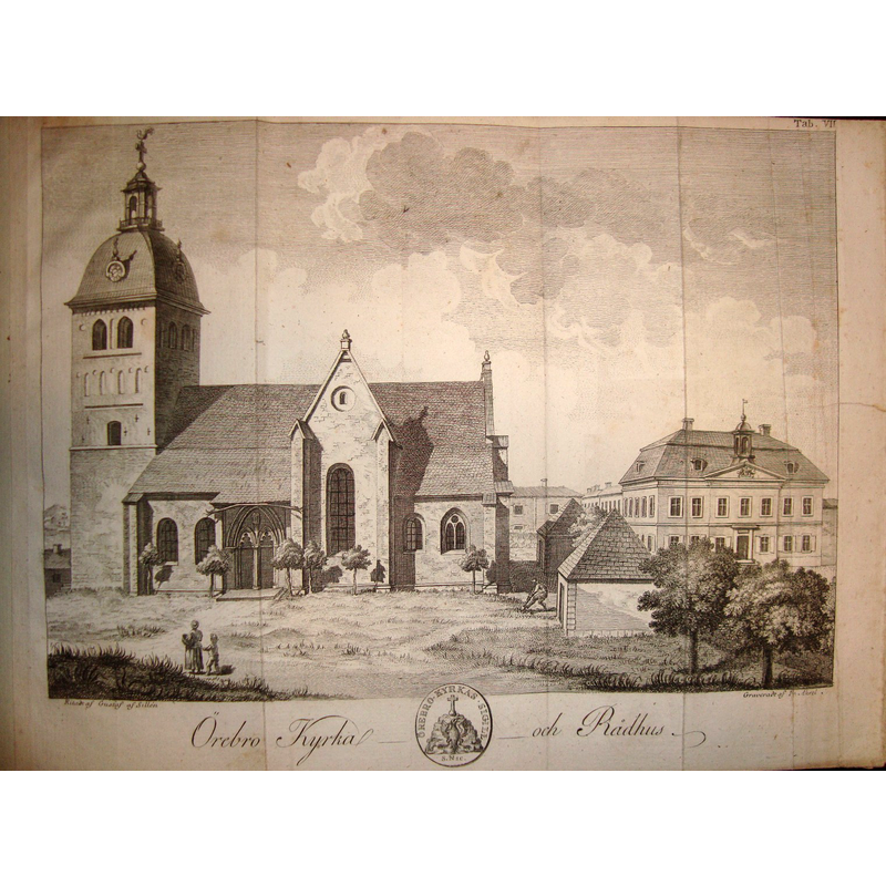 Source caption: "Tab 7 Örebro kyrka och Rådhus ur J.F. Bagges bok Beskrifning om upstaden Örebro"