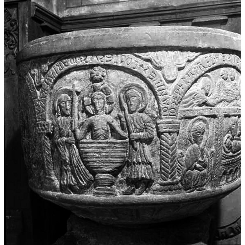 Source caption: "Bjäresjö kyrka [...] Dopfuntscuppa av sandsten, figurframställningar och inskrifter, 1100-talets senare del."