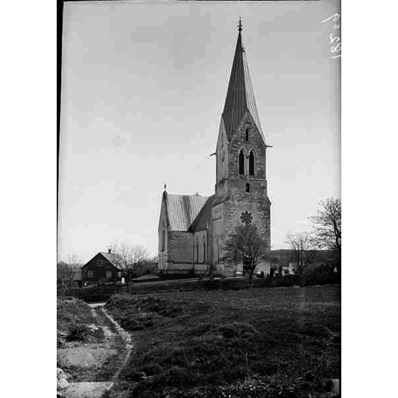 Source caption: "Björnekulla kyrka [...] Kyrkan från väster med omgivningar." -- the modern church consecrated 1889 replaced the medieval church here