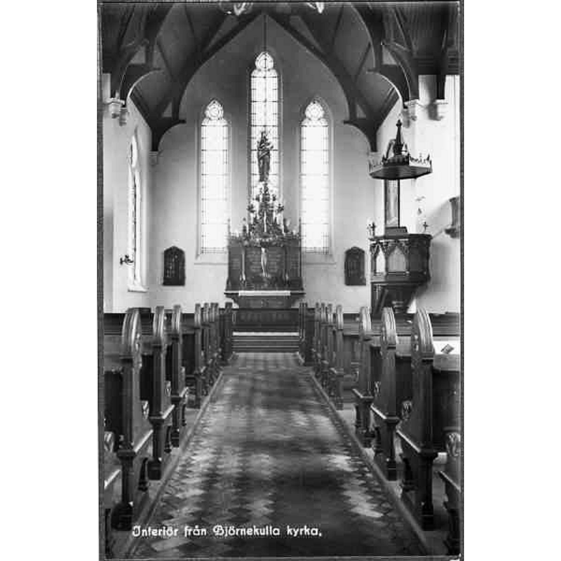 Source caption: "Björnekulla kyrka [...] Interiör mot öster." -- the modern church consecrated 1889 replaced the medieval church here