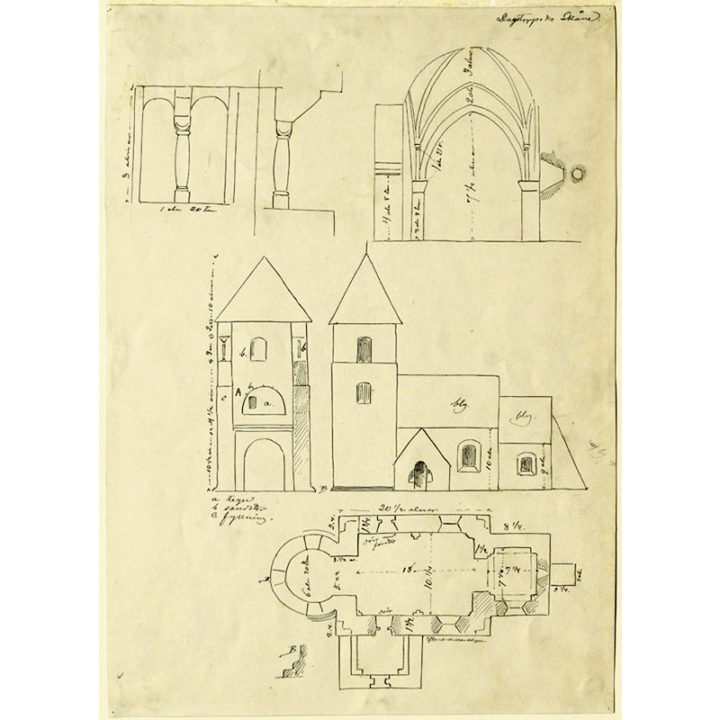 Source caption: "Dagstorps [gamla] kyrka [...] Fasader, grundplan och genomskärning av gamla kyrkan. Teckning/ritning efter Mandelgren, före rivningen 1861." -- the old church would be demolished soon thereafter, in 1861