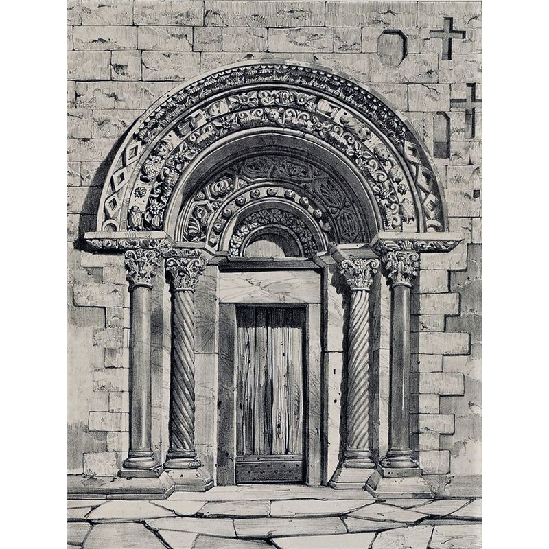 Source caption: " Église Sainte-Marie de Coustouges - Porte - Voyages pittoresques et romantiques, de Justin Taylor, Charles Nodier et Alphonse de Cailleux. Dessin d'Adrien Dauzats"
