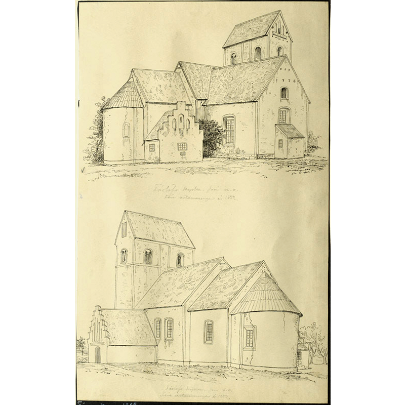 Source caption: "Färlövs kyrka [...] Kyrkans exteriörer från nordöst och sydöst. Tuschteckning före restaureringen 1882." -- notice, for example, how the top of the tower looked before the restoration