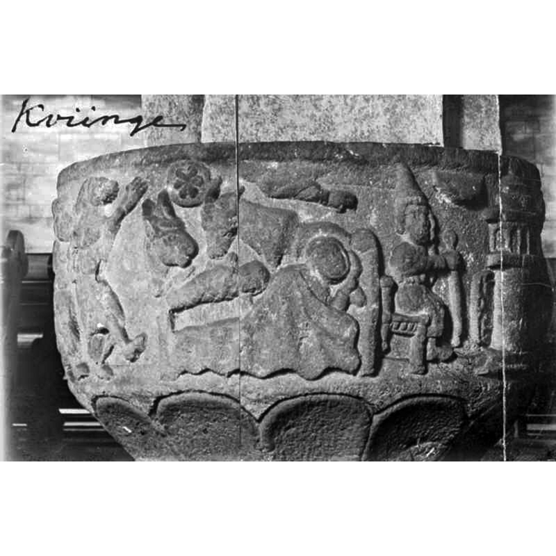 Source caption: "Kviinge kyrka [...] Medeltida dopfunt, detalj av cuppan."