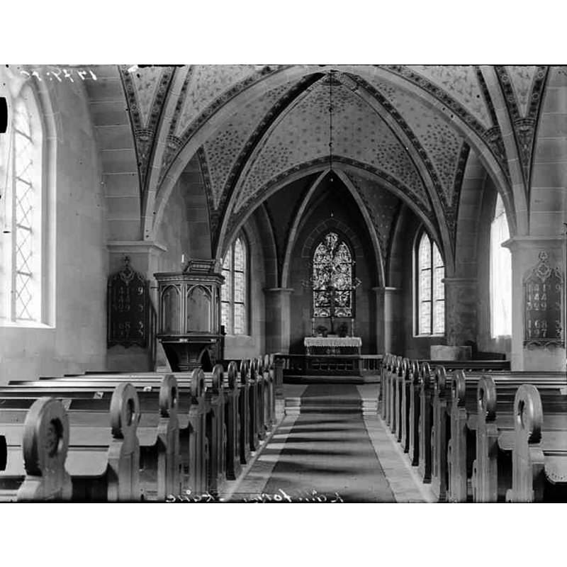 Source caption: "Källstorps kyrka [...] Interiör mot öster." -- the mid-19thC brick church designed by C.G. Brunius