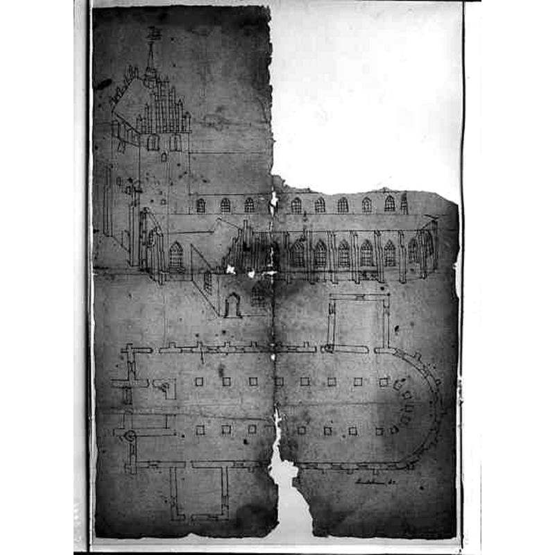 Source caption: "Landskrona, Sankt Johannes kyrka Med Sankt Jakobs [...] Foto av plan- och fasadritning, av C.G. Brunius." -- the old church was demolished between 1753 and 1780