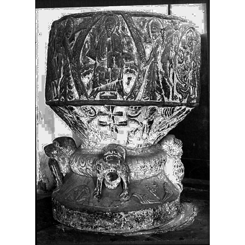 Source caption: "Löderups kyrka [...] Dopfunt av sandsten, avsmalnande uppåt, trattformig botten, utförd av Mäster Majestatis, slutet av 1100-talet."