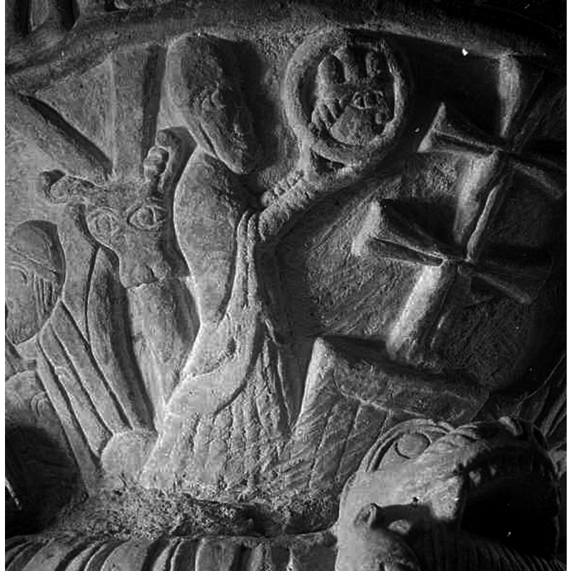 Source caption: "Löderups kyrka [...] Detalj av dopfunt av sandsten, avsmalnande uppåt, trattformig botten, utförd av Mäster Majestatis, slutet av 1100-talet."