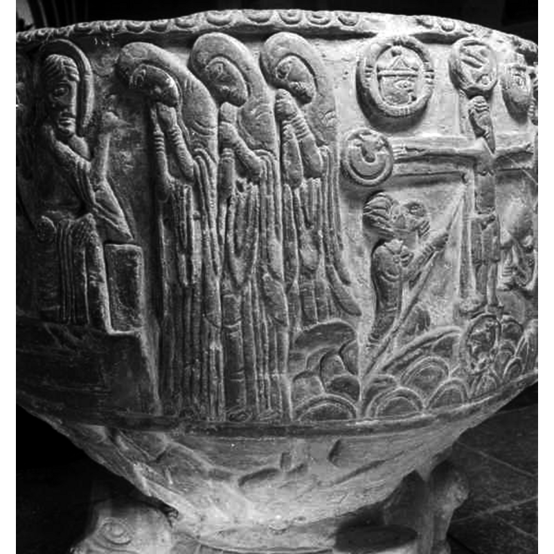 Source caption: "Löderups kyrka [...] Detalj av dopfunt av sandsten, avsmalnande uppåt, trattformig botten, utförd av Mäster Majestatis, slutet av 1100-talet."