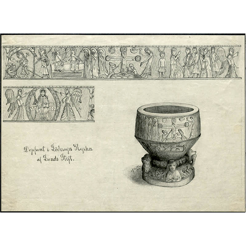 Source caption: "Löderups kyrka [...] Den romanska dopfunten. Motiv som bl a visar Kristus i majestät och Kristus på korset. Blyertsteckning av A.J. Nordström 1877."