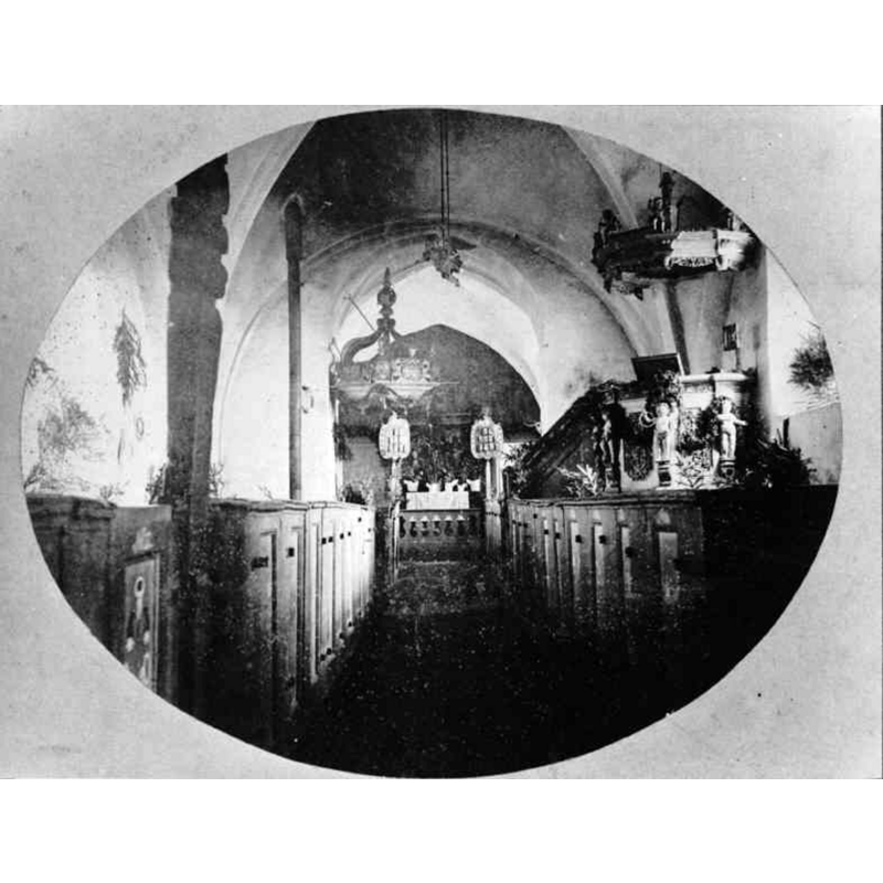 Source caption: "Perstorps kyrka [...] Interiör mot öster före restaureringen 1898. Originalbilden i privat ägo." -- the canopy visible in the far left marks the approximate location of the baptismal font