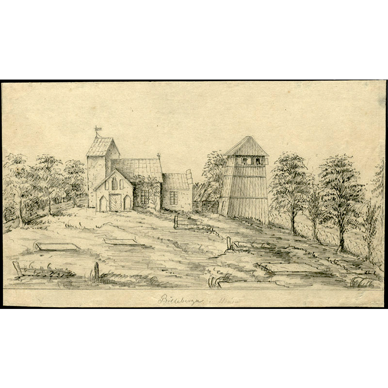 Source caption: "Billeberga kyrka [...] Gamla kyrkan med klockstapeln från söder. Blyertsteckning från 1800-talets mitt - kyrkan revs 1860. Kyrkan var belägen strax väster om den nuvarande."
