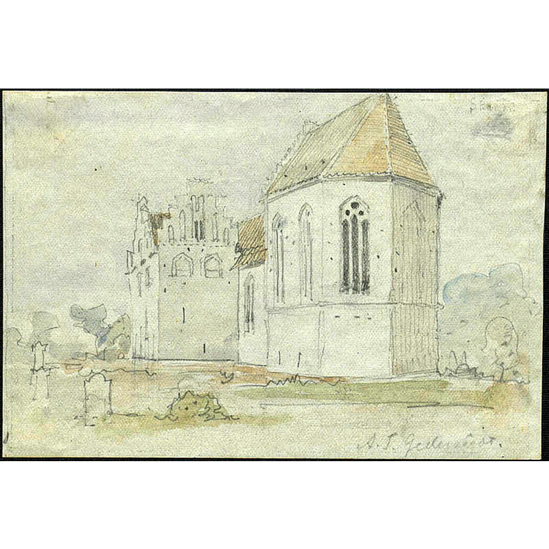 Source caption: "Skanörs kyrka [...] Kyrkan från sydöst. Akvarellerad pennteckning av A.T.[[Albert Theodor]] Gellerstedt, troligen från 1860-talet."