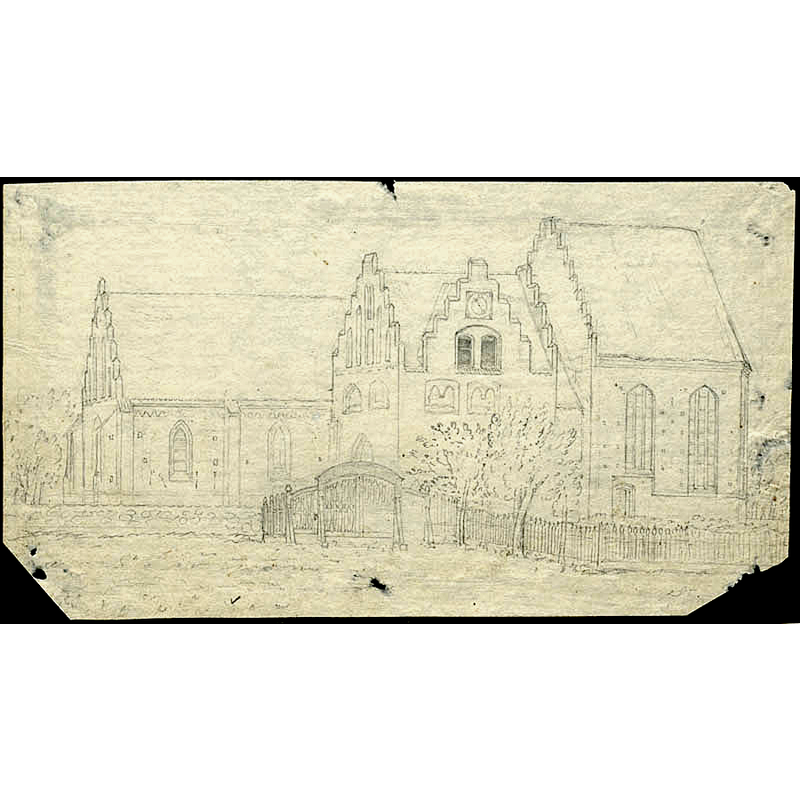 Source caption: "Skanörs kyrka [...] Kyrkan från söder. Blyertsteckning från 1800-talet."