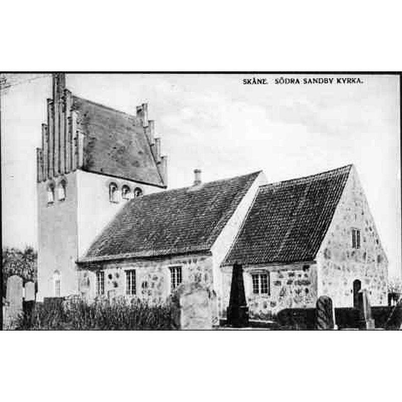 Source caption: "Södra Sandby kyrka [...] Kyrkan från sydöst." -- showing the tower after it was altered in 1911