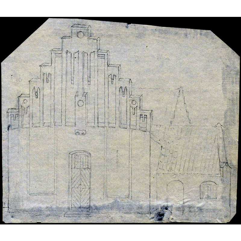 Source caption; "Tygelsjö kyrka [...] Gamla kyrkan från väster, innan rivningen kring 1903. Blyertsteckning troligen från 1800-talets slut."