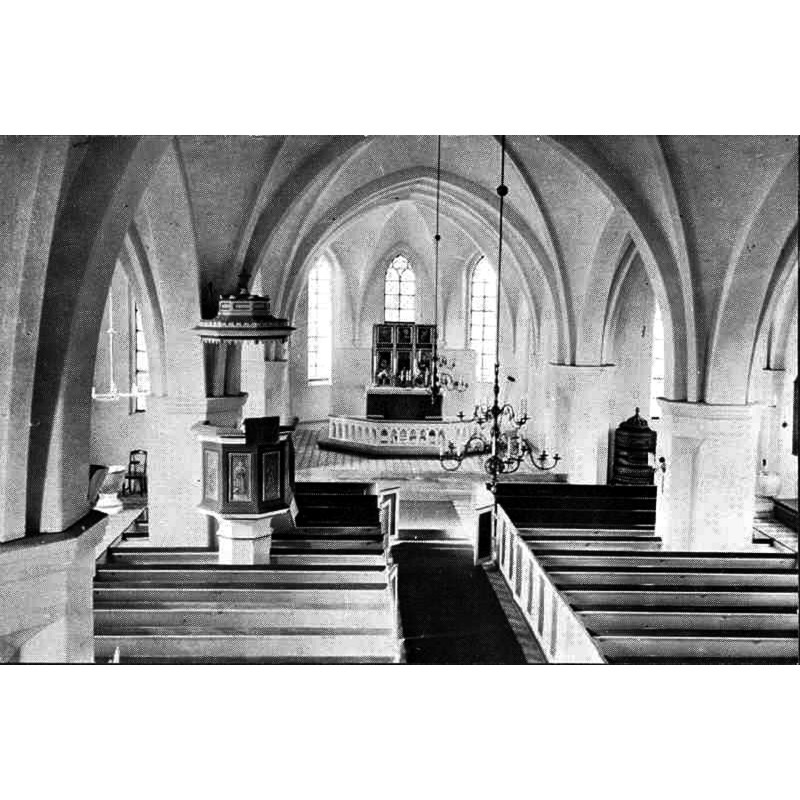 Source caption: "Uppåkra kyrka [...] Interiör mot öster." -- both medieval fonts are partly visible in this image: the font from the old church is partly visible in the north [left] transept, next to a chair; the font originally from Flackarp is partially visible in the south [right] transept, to the right of the large black heater