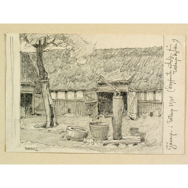 Source caption: " Skåne, Norra Åsbo hd., Tostarps sn., Gånarp. Gårdsplan med brunn. "Dopfunten antagligen från Tostarps kyrka". Teckning av Ferdinand Boberg" -- the basin believed to be from Tostarps kyrka lying on the gound, between the tree and the well pump [NB: the basin seen here on the ground does not seem to match the later photographs of the font].