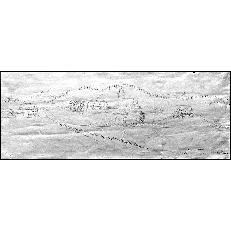 Source caption: "Visseltofta kyrka [...] Kyrkan och dess miljö från söder. Blyertsteckning möjligen från 1800-talets mitt." -- the tower was added in 1839 so the drawing would have been done after that date [NB: enhanced; the original image has very little contrast]
