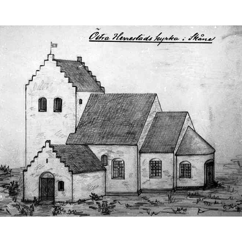 Source caption: "Östra Herrestads kyrka [...] Kyrkan från sydväst [sic]. Foto efter teckning av Georg J:son Karlin. Original i handteckningssamlingen, ATA." -- showing the tower before its 1889 alteration from the Danish-style stepped top
