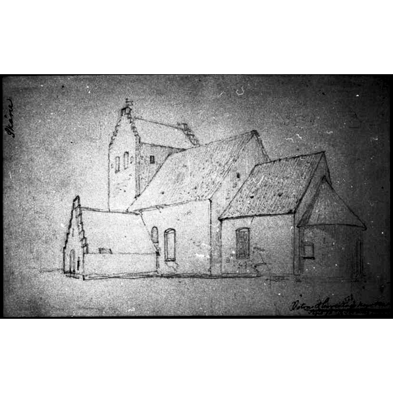 Source caption: "Östra Herrestads kyrka [...] Kyrkan från sydöst. Foto efter teckning av O. Sörling 1870. Original i handteckningssamlingen, ATA." -- showing the tower in 1870, before its 1889 alteration from the Danish-style stepped top