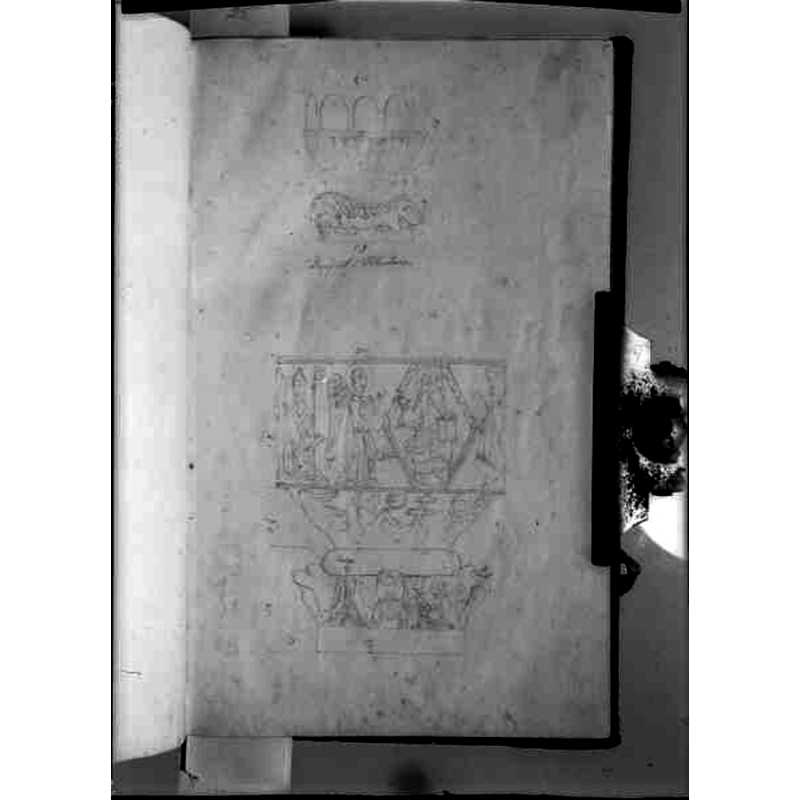 Source caption: "Östra Hoby kyrka [...] Dopfunt av sandsten, cylindrisk, av Magister Majestatis, 1100-talet. Foto efter teckning ur skissbok av arkitekt Hans Jakob Strömberg."