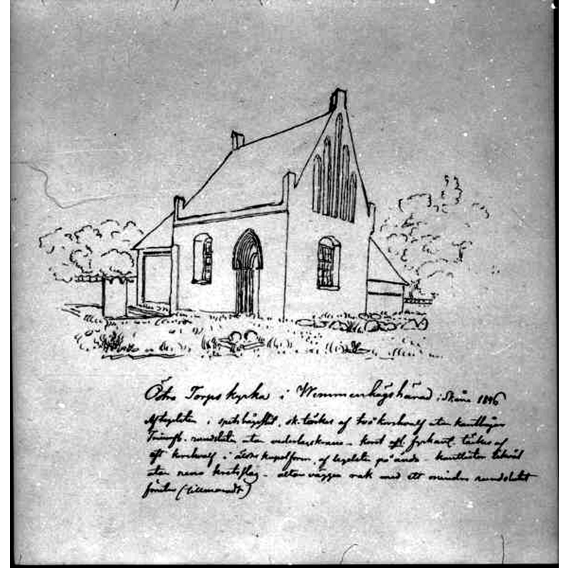 Source caption: "Östra Torps [gamla] kyrka [...] Foto av teckning ur skissbok av arkitekt Hans Jakob Strömberg." -- the old church was destroyed by fire in 1909