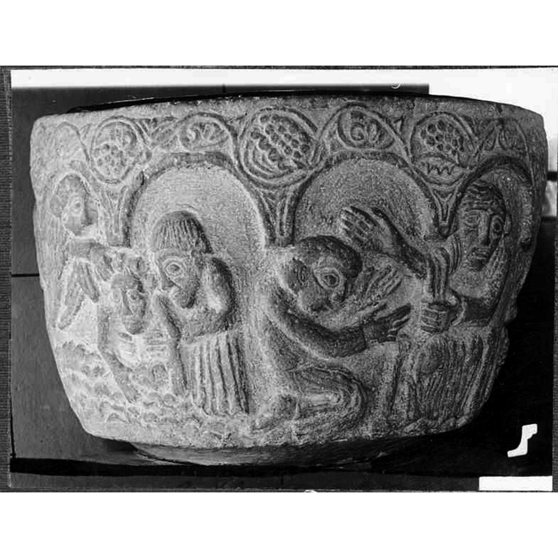Source caption: "Östra Vemmenhögs kyrka [...] Dopfuntscuppa av sandsten. Medeltida."