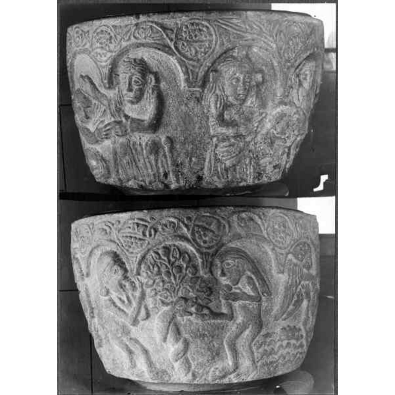 Source caption: "Östra Vemmenhögs kyrka [...] Dopfuntscuppa av sandsten. Medeltida."