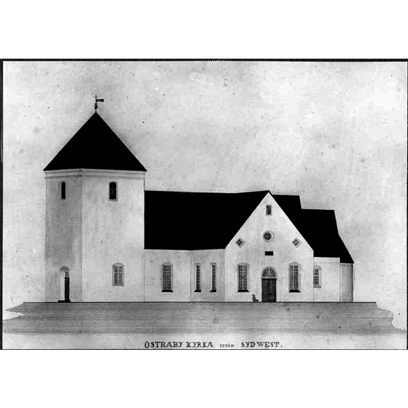 Source caption: "Östraby kyrka [...] Foto efter en ritning av kapten Werngren från 1850-talet. Skiss efter 1836, då kyrkan tillbyggdes med korsarmar, men före moderniseringen 1891. Från sydväst."