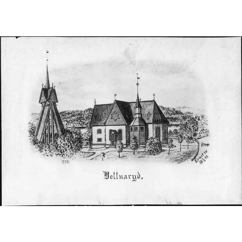 Source caption: "Bottnaryds kyrka [...] Kyrkan från sydöst. Teckning av Ernst Wennerblad ur "Skara stifts kyrkor"."