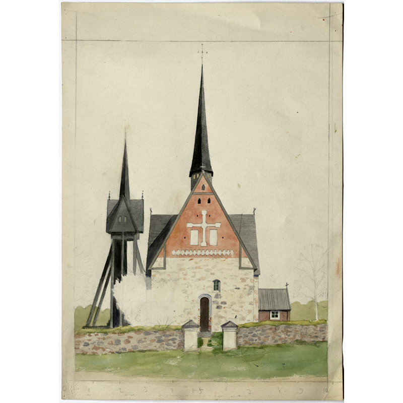 Source caption: "Dalhems gamla kyrka [...] Gamla kyrkan med klockstapel från väster. Kyrkan riven 1876. Akvarellerad teckning, troligen av Carl Fredrik Lindberg 1875." -- showing the old church in 1875, one year before its demolition in 1876; the new church would be consecrated in 1878