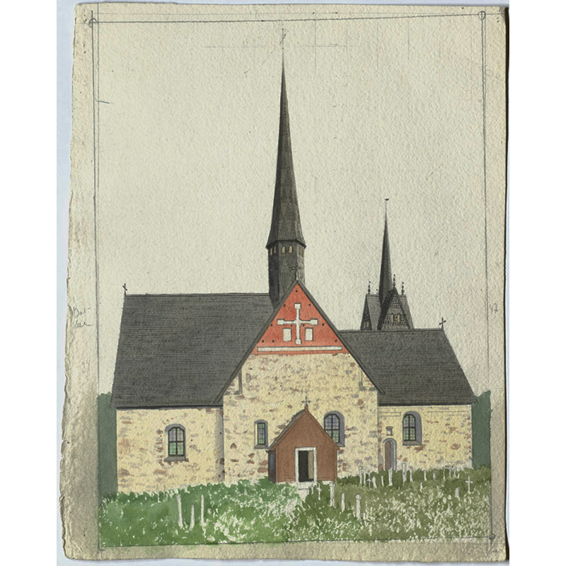 Source caption: "Dalhems gamla kyrka [...] Gamla kyrkan från söder. Kyrkan riven 1876. Akvarellerad teckning, troligen av Carl Fredrik Lindberg 1875." -- showing the old church in 1875, one year before its demolition in 1876; the new church would be consecrated in 1878
