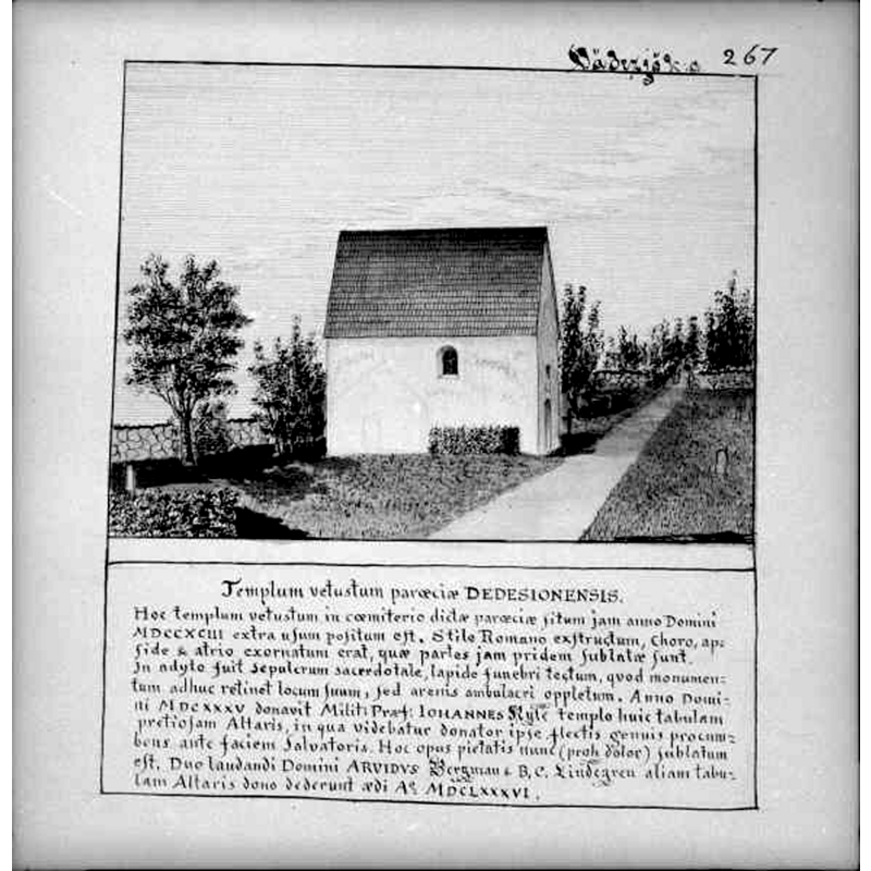 Source caption: "Dädesjö gamla kyrka [...] Skiss över kyrkan och text på latin. Ur: Ihrfors, Smolandica sacra. [...] 1956" [NB: Ihrfors died in 1929]