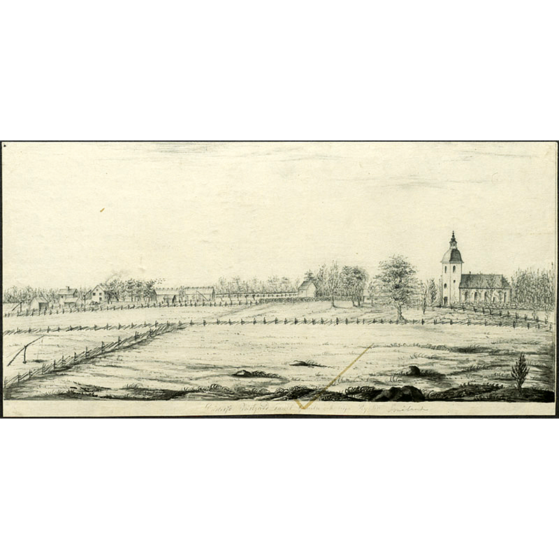 Source caption: "Dädesjö nya kyrka [...] Nya kyrkan till höger (tornet i norr), i mitten gamla kyrkan, längst till vänster prästgården. Blyertsteckning från 1800-talets mitt" -- the old and new churches of Dädesjö; the orientation of the new church is not canonical; the tower is on the north side, the chancel on the south side
