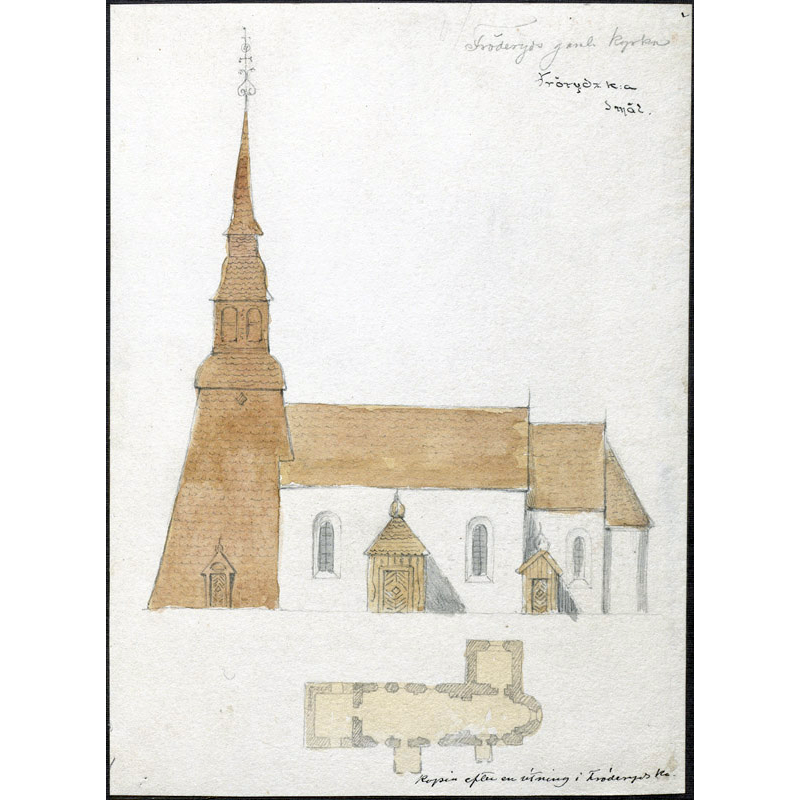 Source caption: "Fröderyds gamla kyrka [...] Den medeltida kyrkan från söder samt grundplan, riven 1854. Färglagd teckning från 1800-talet (?) efter prosten Jonas Sandells teckning från 1834."