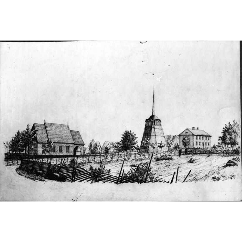 Source caption: "Furuby rivna kyrka [...] Kyrkan och dess omgivning, klockstapel. Foto efter teckning av Sven Andersson 1870. Kyrkan revs 1887."