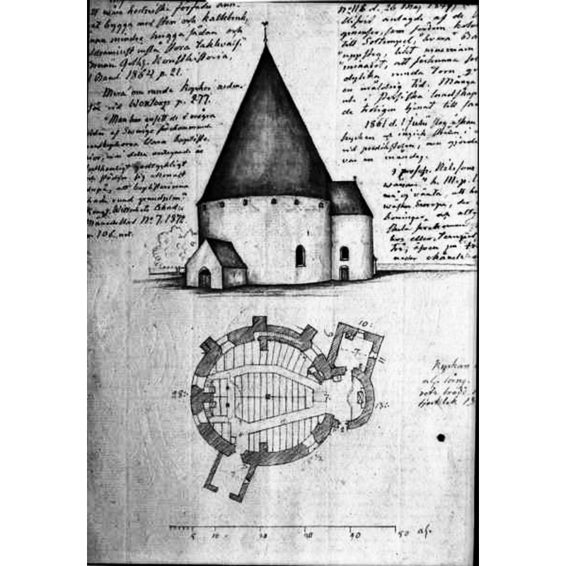 Source caption: "Hogby kyrka [...] Teckning av kyrkan och planritning. Original i Handteckningssamlingen, ATA."
