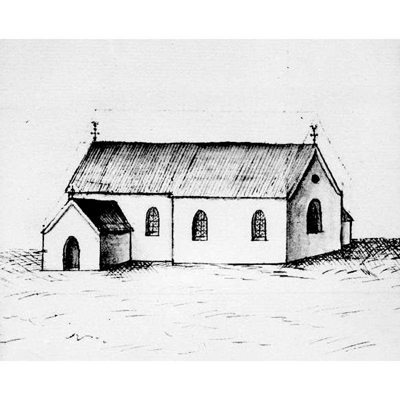 Source caption: "Hagby kyrka [...] Kyrkan mot söder. Foto efter teckning ur Peringskiöld: Monumenta, sidan 245, K. B. Fh 2. [...] Beskuren bild."